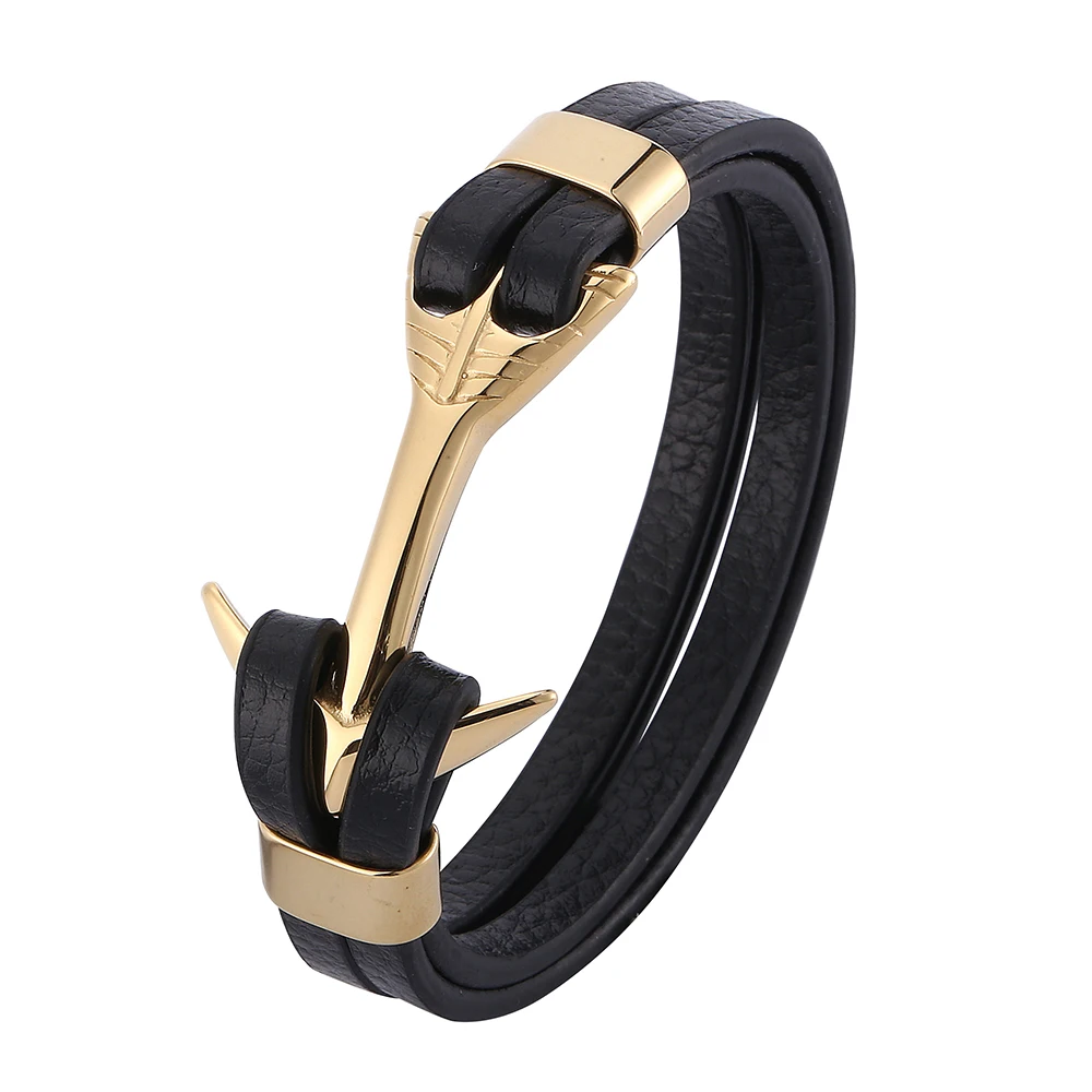 

Leather Anchor Bracelet Men Golden Color Stainless Steel Charm Anchor Bracelets Wristband Fashion Jewelry BB0756