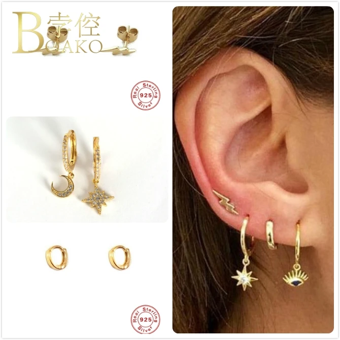 

925 Sterling Silver Earrings For Women Gold Small Hoop Earrings Girl Ear Bone Earring Zircon Lightning Evil Eye aretes