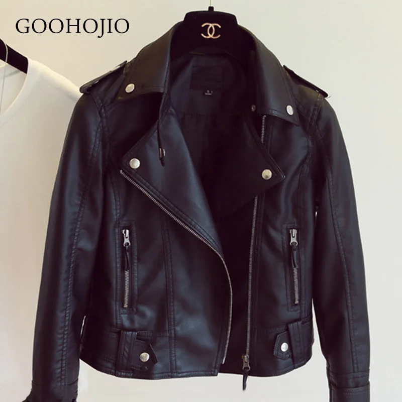 

GOOHOJIO 2021 New Basic Zipper Moto Biker Jackets Autumn Classic Coat Plus Size Outerwear Ladies PU Faux Leather Jacket Women