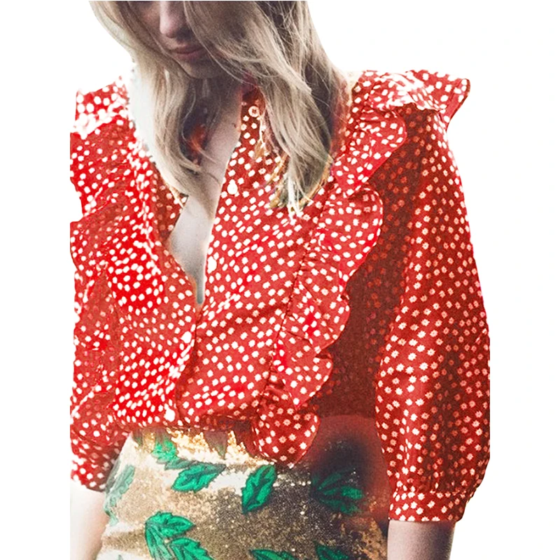 

Женская блузка в горошек, с воротником-стойкой и длинным рукавом