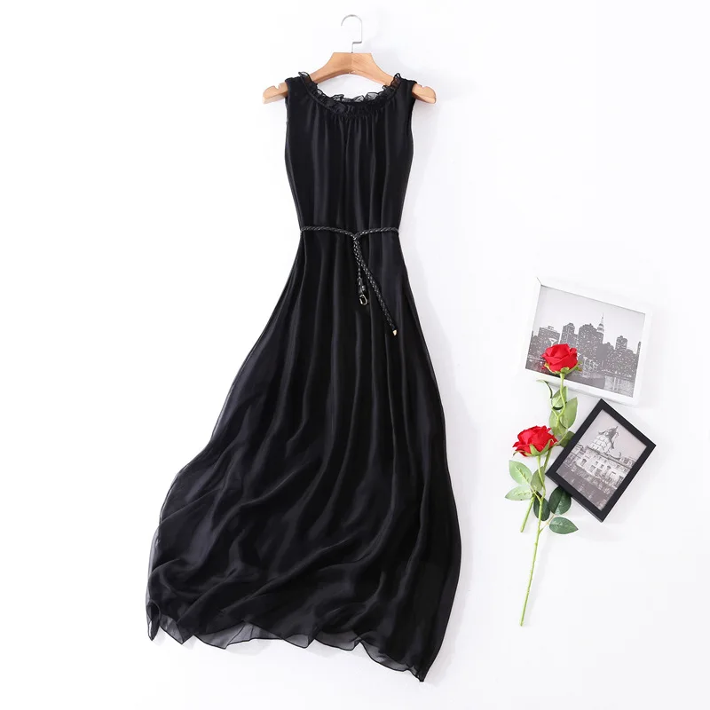 

Silk dress women's mid long popular summer new sleeveless skirt silk loose off season sale