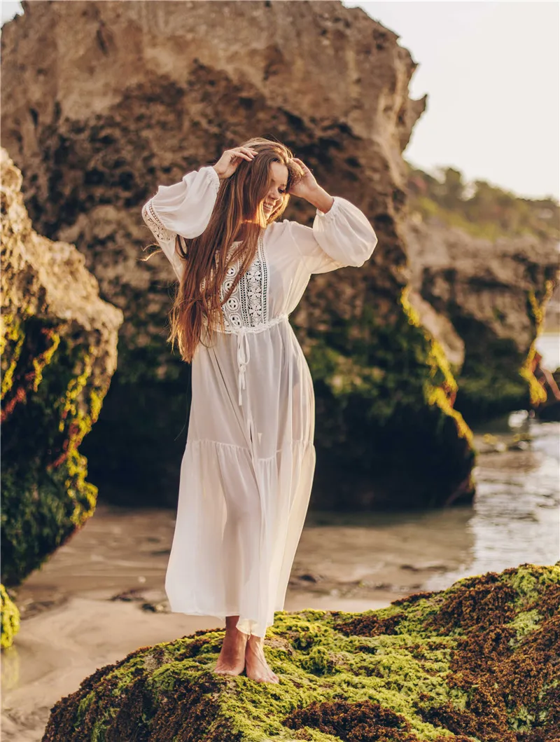 Белое Кружевное пляжное платье для женщин с длинным кафтан солнца пляжная одежда