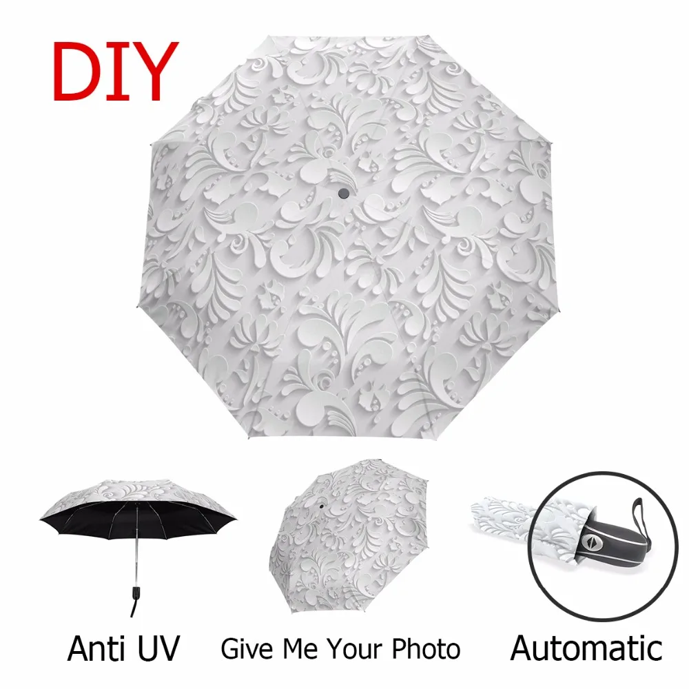 

Full Automatic 3D Floral Guarda Chuva White Sun Protection Three Folding Umbrella Rain Women Anti UV Outdoor Travel Sombrinha