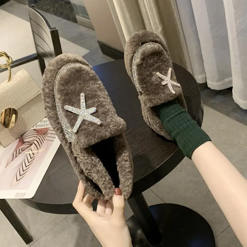 Winter Fashion The New Fur Shoes Women Casual Solid Slip-On Round Toe Starfish Short Plush Shallow Keep Warm High Quality Flock