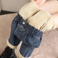 autumn winter velvet jeans women warm button vintage baggy jeans streetwear elastic waist pant casual fleece mom denim trousers