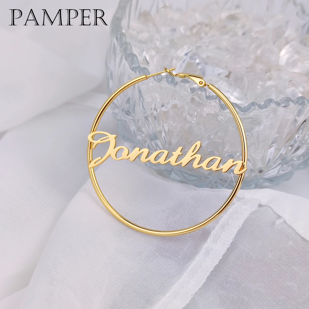 

PAMPER Hoop Earring With Name Personalized Big Circle Nameplate Earrings Stainless Steel Custom Women Jewelry Party Xmas Gift
