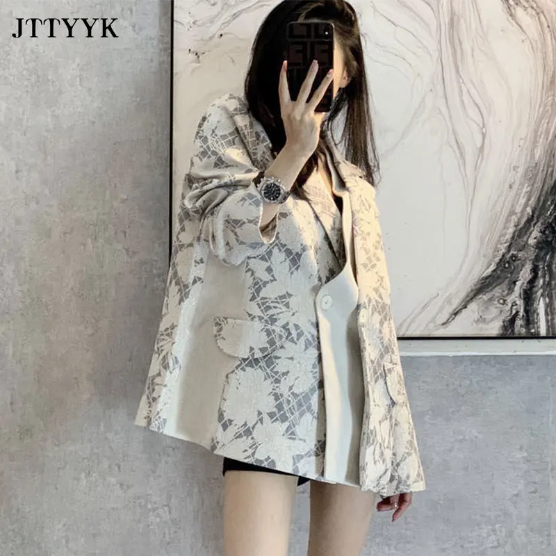 

2021 New Autumn Suit Coat Women Stitching British Temperament Loose Causal Jacquard Patchwork Single Breasted Blazers Jacket