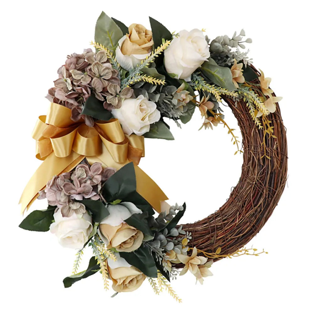 

Искусственные венки, украшение для двери, искусственный цветок, Роза шампанского, Круглая для свадебной вечеринки, Настенная подвеска, бела...