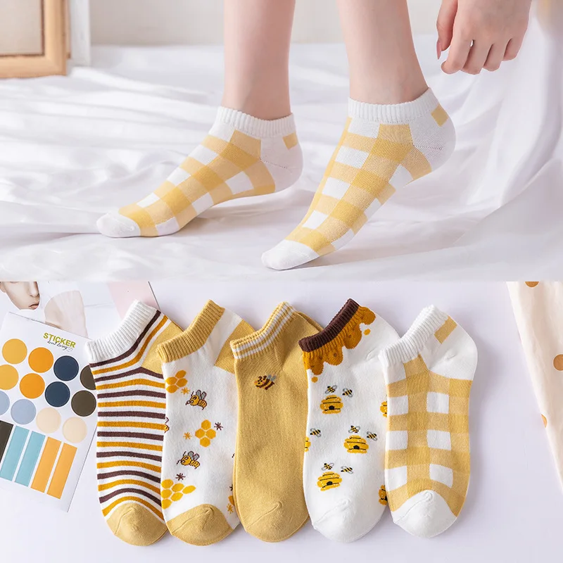 5Pair Low Cut Women Socks Set Summer Thin Yellow Bee Cute Soft Breathable Cotton Socks Japanese Lattice Stripe Kawaii Calcetines