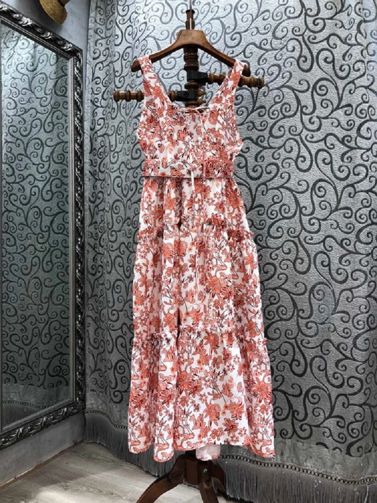 

2021 Spring New Summer Long Dress Women Sexy V-Neck Colorful Leaves Print Belt Deco Sleeveless Casual Long Maxi Dress for Party