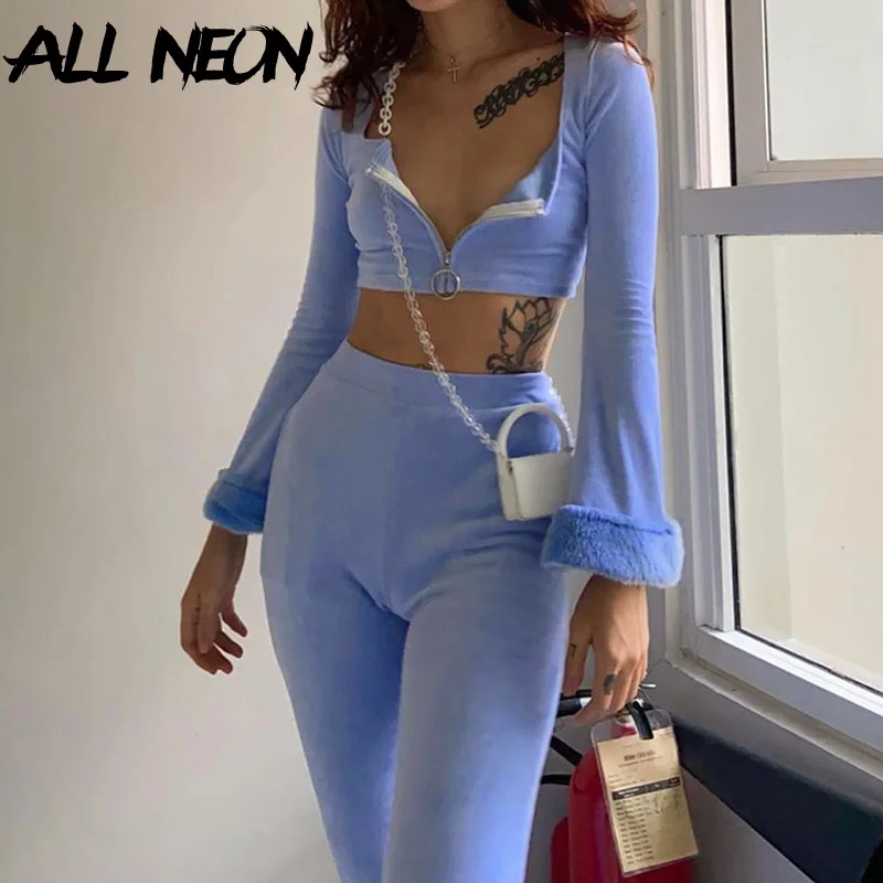 

ALLNeon 2000s Aesthetics Patchwork Baby Blue Velour Co-ord Sets Cute Fashion Zip Flare Sleeve Tops High Waist Pants 2 Piece Suit