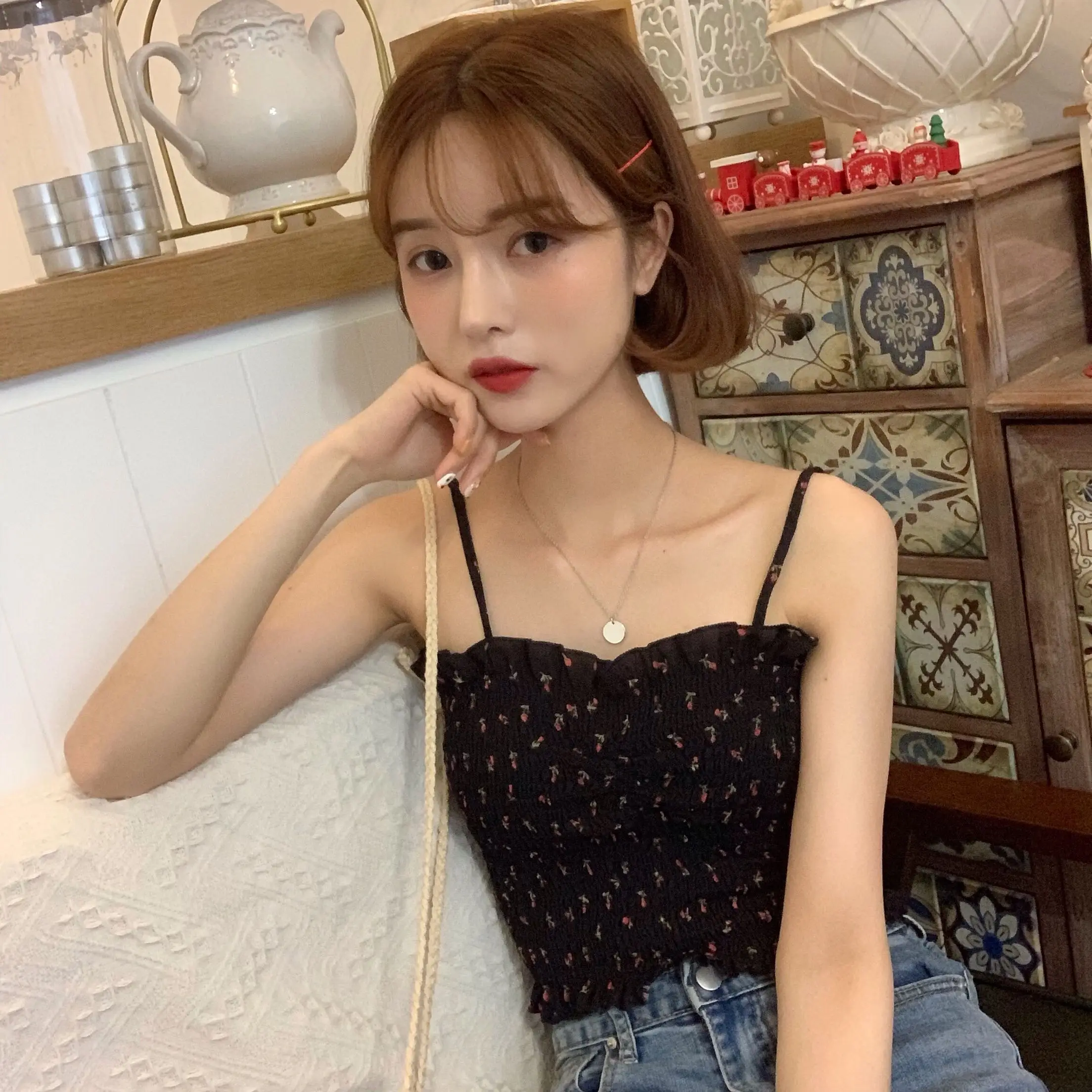 Женский жилет на бретелях без рукавов с эластичной резинкой талии цветочный