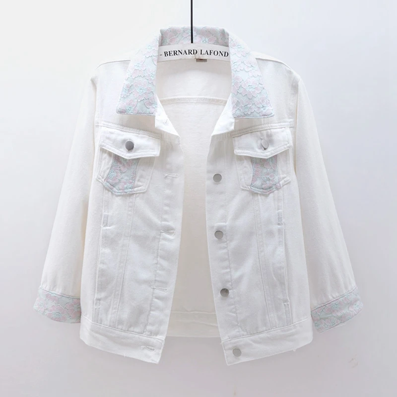 

2020 Spring Autumn Denim Jacket Women 3/4 sleeve White Short Lace Jeans Coat Loose Single Breasted Harajuku Jacket Women G303