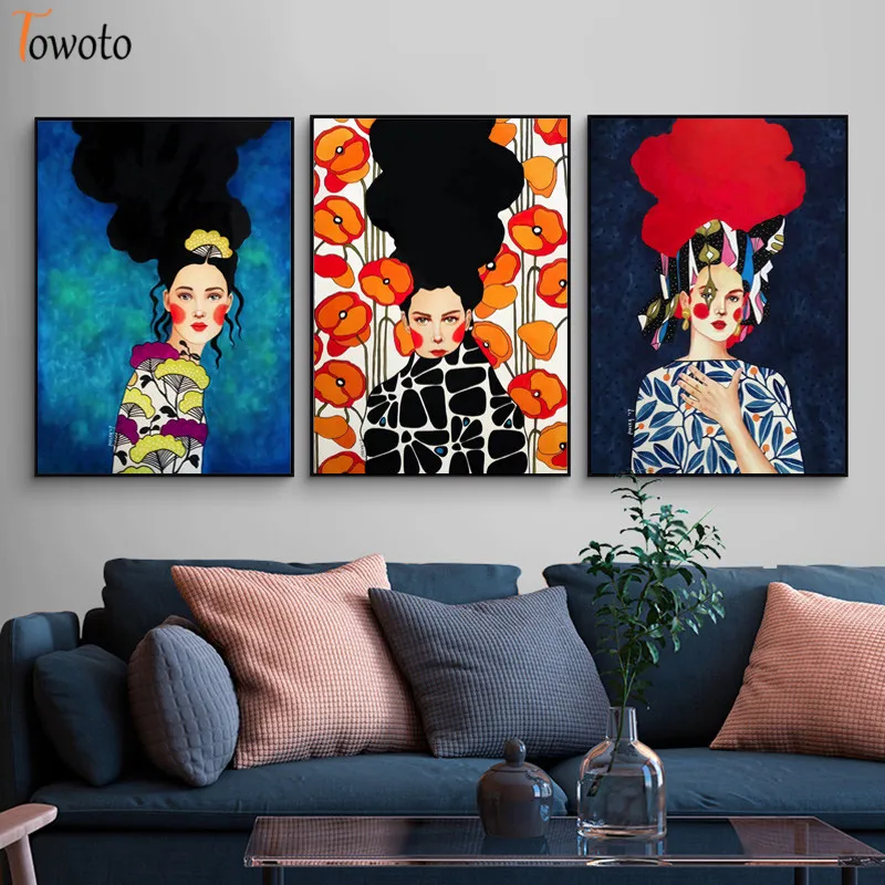 Абстрактная Картина на холсте с изображением девушек волос цветов птиц