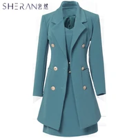 sheran 2019 autumn business suit elegant office dress lady work 2 pieces set long sleeve blazer and sleeveless dress suit set