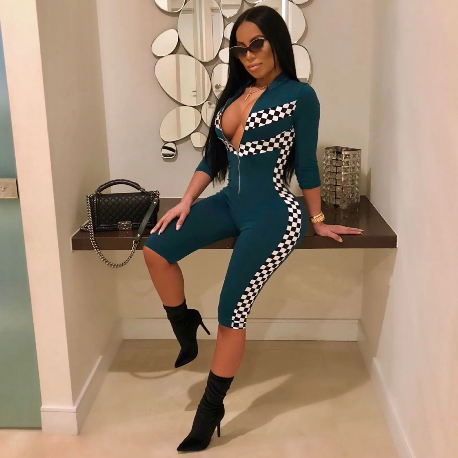 Women's Half Sleeve Jumpsuit Sexy Casual Zipper Slim Stretch Print Racing Suit Calfskin Pants S-XXXL | Женская одежда