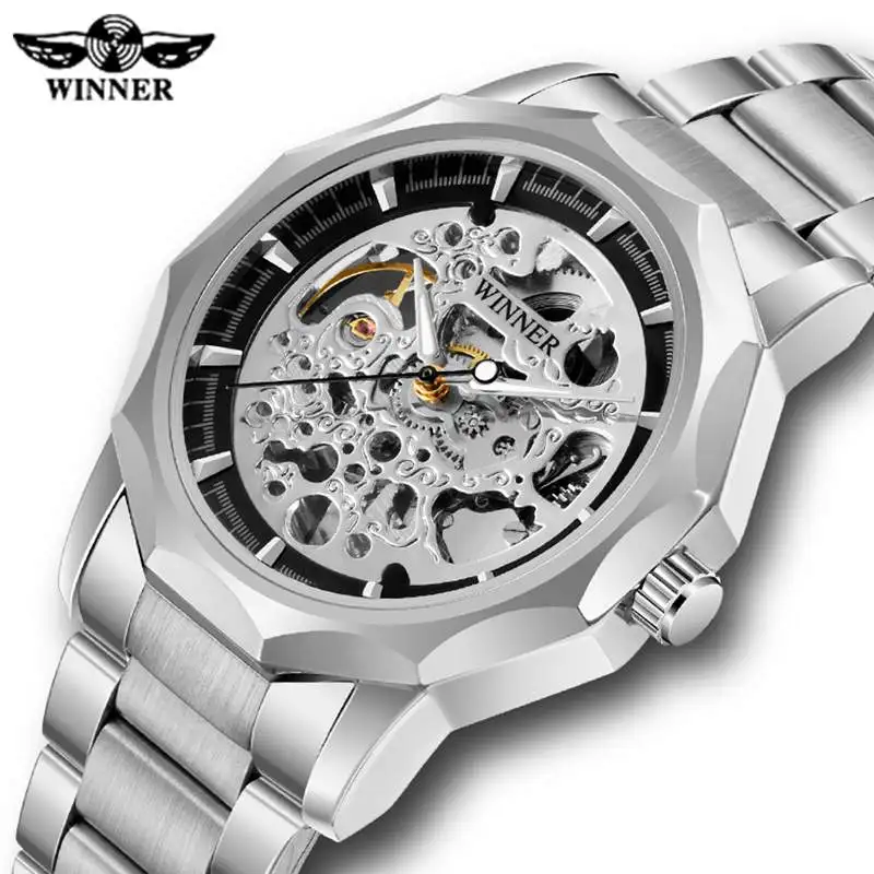 Победитель Серебряный Скелет для мужчин автоматические часы нержавеющая сталь