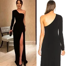 Simples de Um Ombro Side High Dividir Formal Longo do Baile de finalistas DressSatin Preto Sereia Vestido de Noite Mangas Compridas فساتين السهرة Personalizado (4)