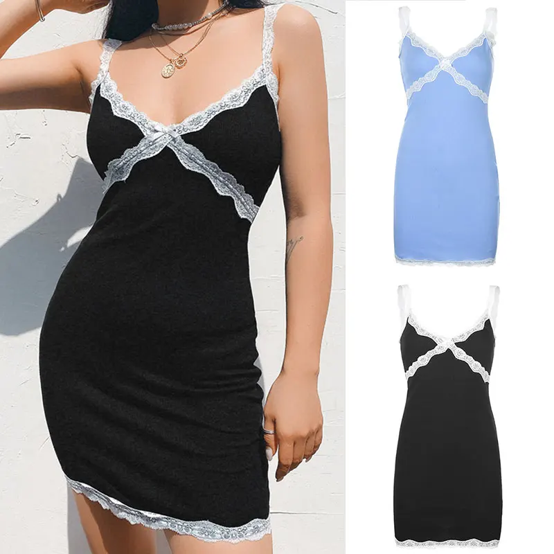 

Sexy Lace Patchwork Summer Dress Deep V-neck Bow Short Dress Mini Dress Sleeveless Spaghetti Strap Dress Ribbon Backless