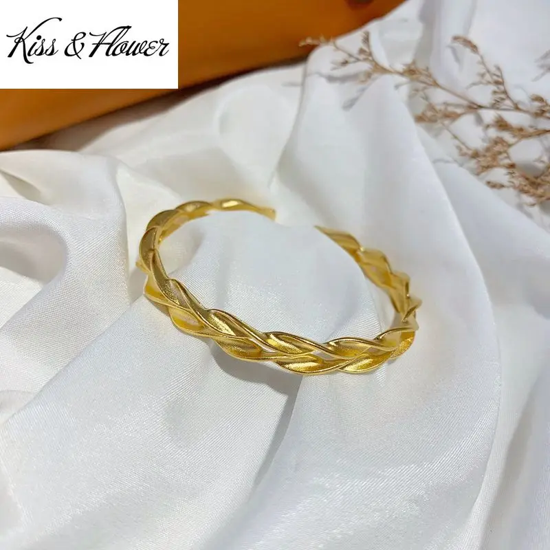

KISS&FLOWER BR258 Fine Jewelry Wholesale Fashion Woman Bride Birthday Wedding Gift Twist Wave 24KT Gold Open Bracelet Bangle