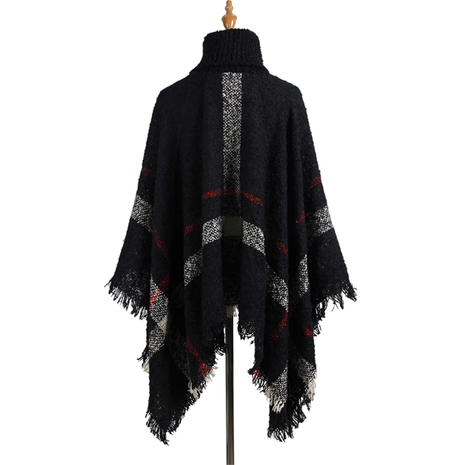 

2021 new sweater women European and American mid-length high neck tassel cloak shawl loose large size sweater