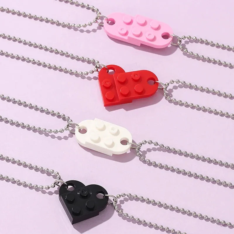 

New Trendy 2Pcs Heart Brick Couples Love Necklace For Women Men Friends Blocks Elements Necklaces Valentines Gift Jewelry