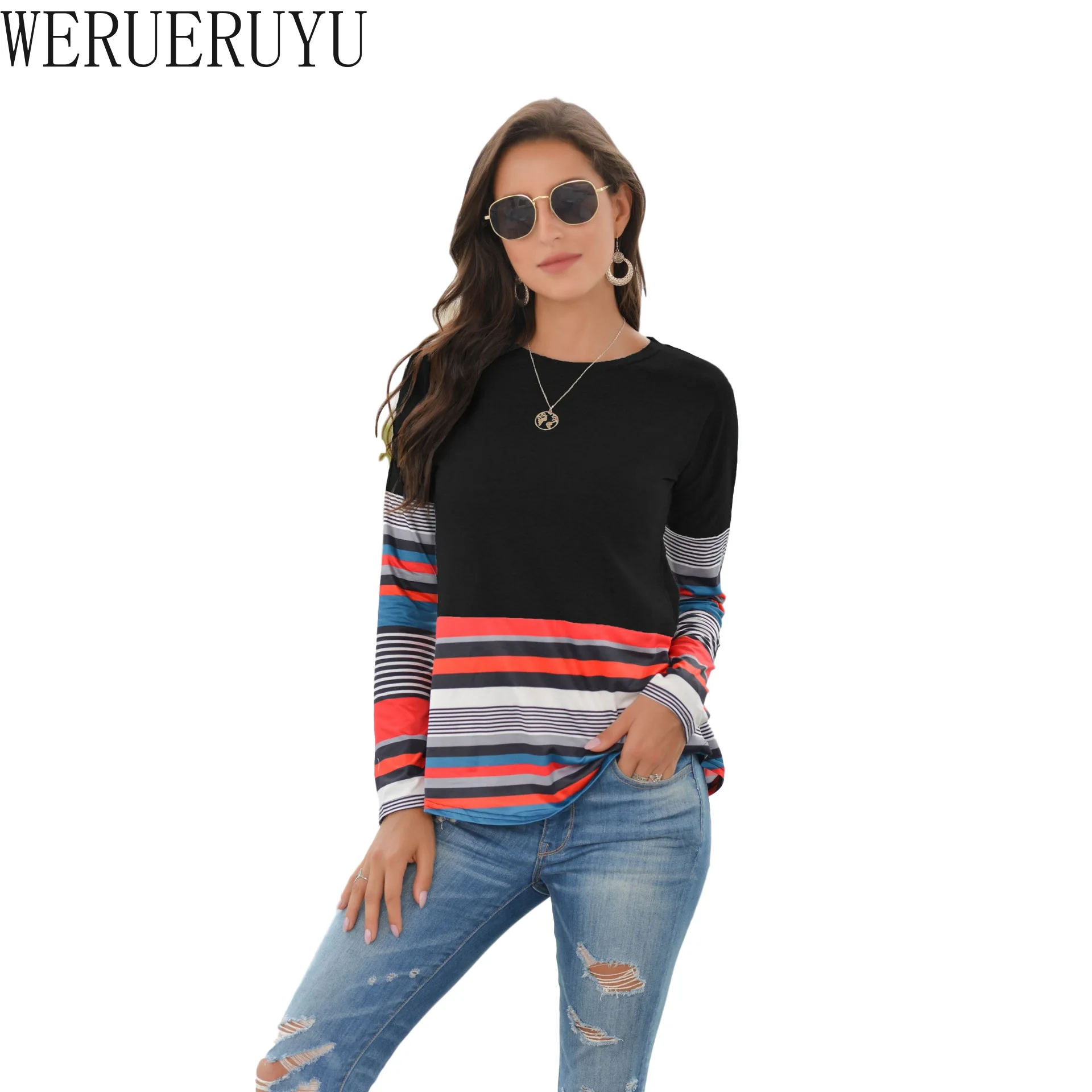 

Женская футболка с длинным рукавом, черная Повседневная футболка составного кроя с принтом в полоску, в Корейском стиле, Осень-зима 2021