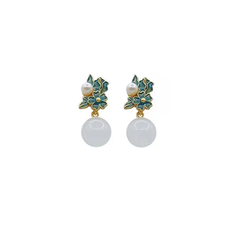 

[Jingwei] Natural Hetian Jade Earrings 925 Silver Carved Pearl Antique and Ethnic Style Female Earrings Ear Studs Earrings