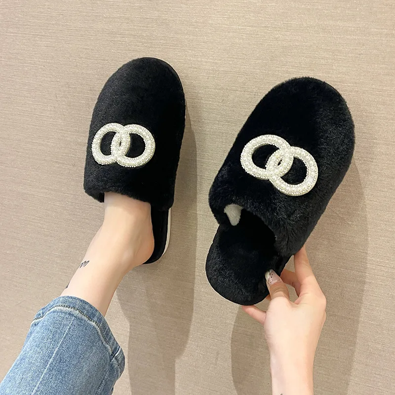 

Womens Slippers Pearl Warm Shoes Soft Plush House Slippers Flip Flop Indoor Bedroom Non-slip Soft Plush Half-pack Floor Shoes