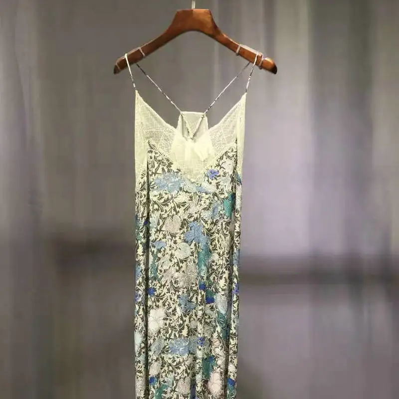 

Women Dress 2021 Spring and Summer New Ladies Splicing Printing V-neck Lace Long Dress