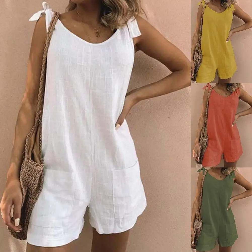 Summer Women Jumpsuit Solid Color Shoulder Strap Summer Round Neck Wide Leg Pockets Playsuit Short Pants Jumpsuits Women Rompers