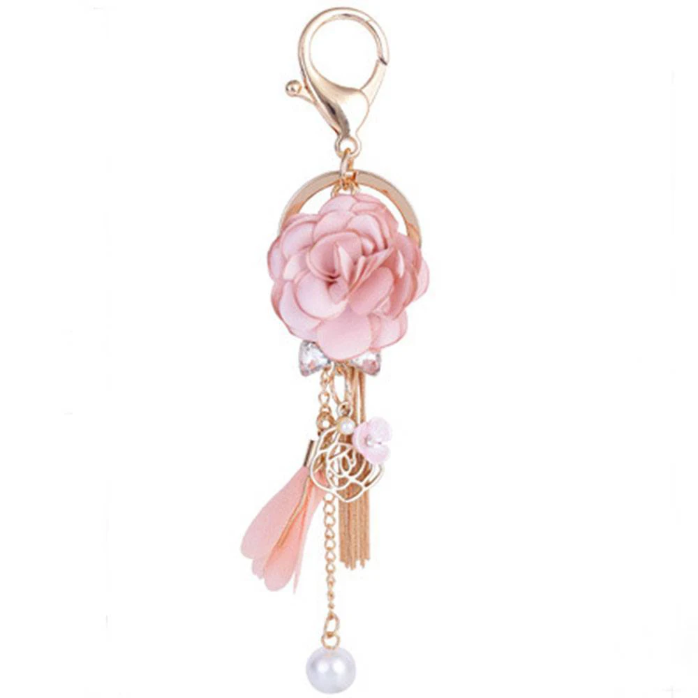 

2019 new Fashion Rose Flower Keychain Bow Crystal Chain Tassel Key Ring Bag Charm Pendant Jewelry Keychain Car Ring Gift Key