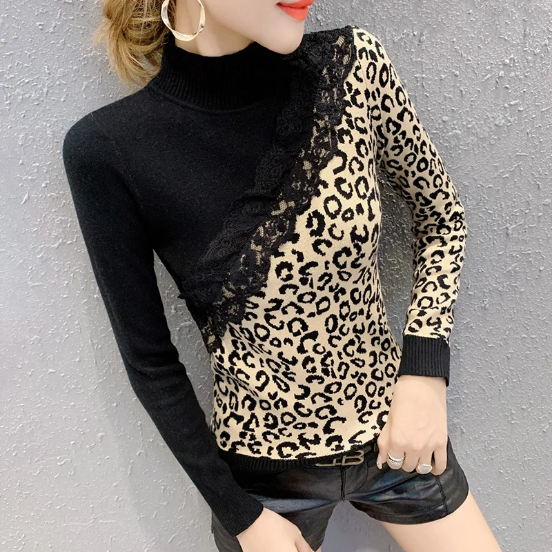 Long Sleeve Leopard Knit Sweater Women Autumn Winter Fashion Ol Lace Patchwork Turtleneck Pullover Tops Ladies Sweaters 2019 | Женская