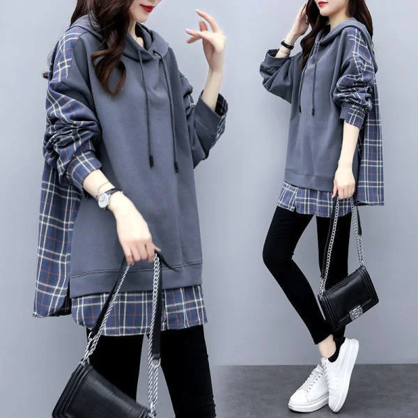 

Cotton Loose Hooded Sweater Spring New Patchwork Plaid