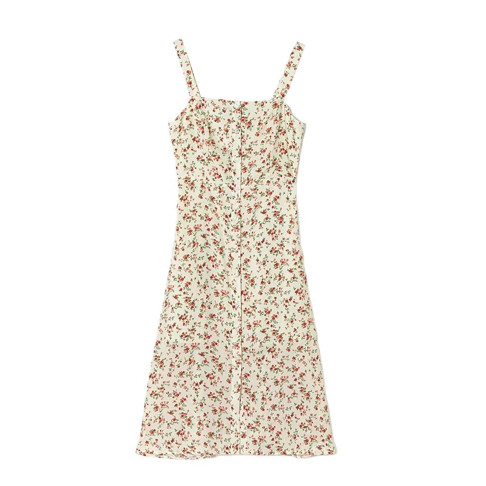 

Summer women sleeveless floral Sling Dresses Fashion Single breasted Flower Slit Vestidos Elegant Printed Strap Midi Dress 2021