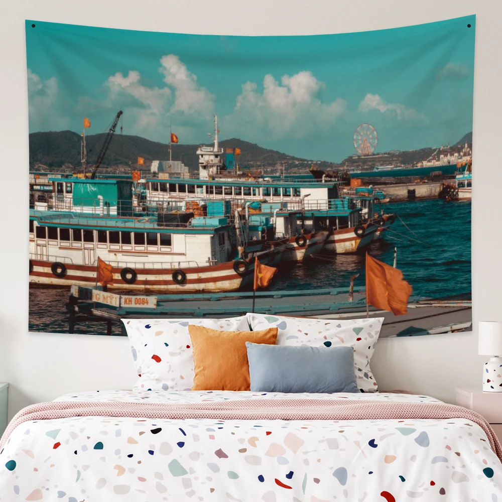 

Настенный гобелен с природным пейзажем, украшение для спальни, общежития, Приморского города, корабля, пейзажа, Летняя Вечеринка в стиле бох...