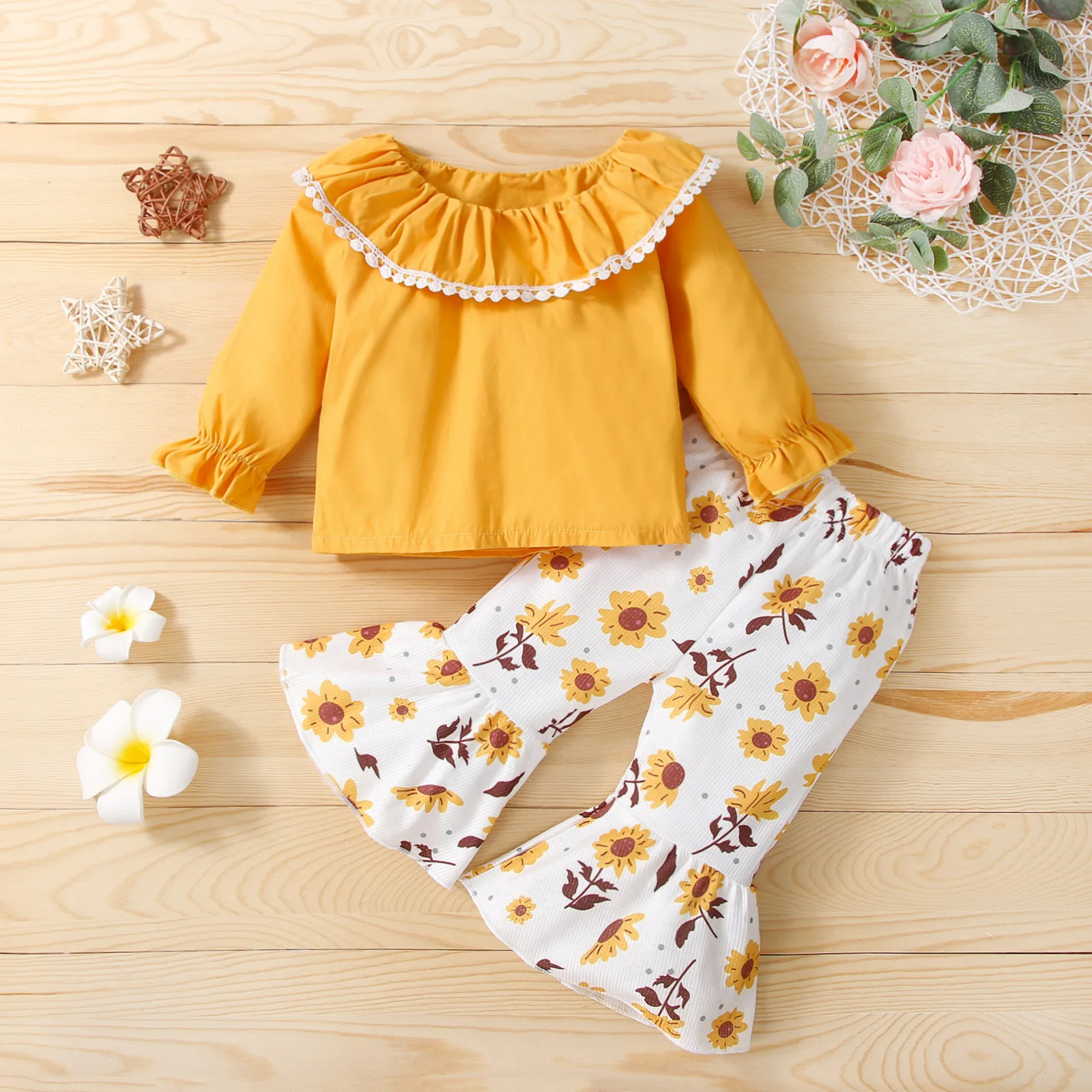 

Комплект одежды для новорожденных девочек, модный однотонный топ с длинным рукавом и штаны с цветочным принтом, Одежда для младенцев, весна-...