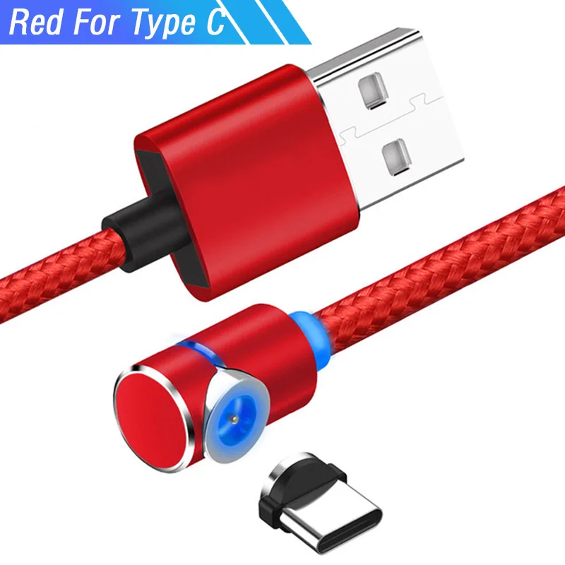 Red For Type C 1 м 90 градусов usb Магнитный зарядный телефонный кабель для iphone type C 3 в 1 нейлоновый плетеный шнур 360 зарядное устройство со светодиодным светильник - Цвет: Red For Type C