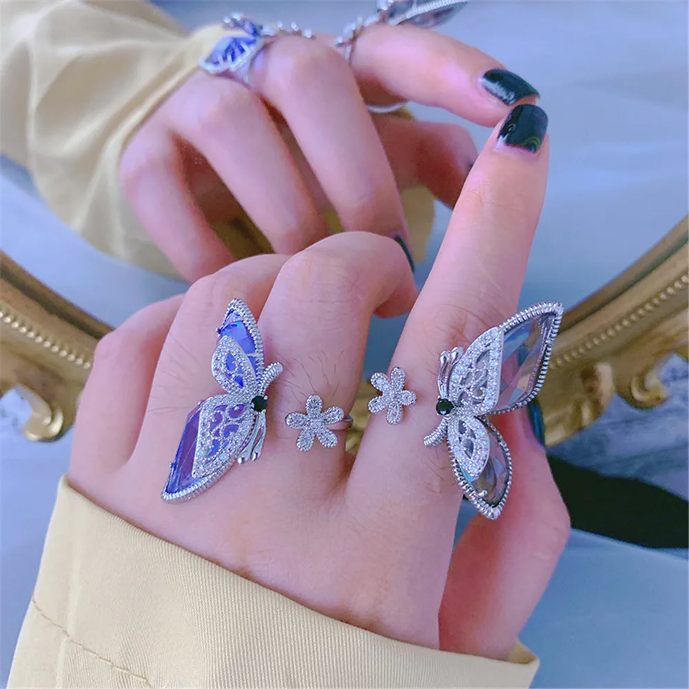 

New Fashion Jewelry Opening High-grade Copper Inlaid Zircon Butterfly Ring Luxury Shiny Cocktail Party Ring For Women Girl