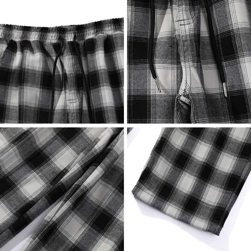 

Men Casual Pants Plaid Loose Wide Leg Ankle Length Simple Fashion Trousers Vintage Elastic Waist Summer All-match Daily Chic New
