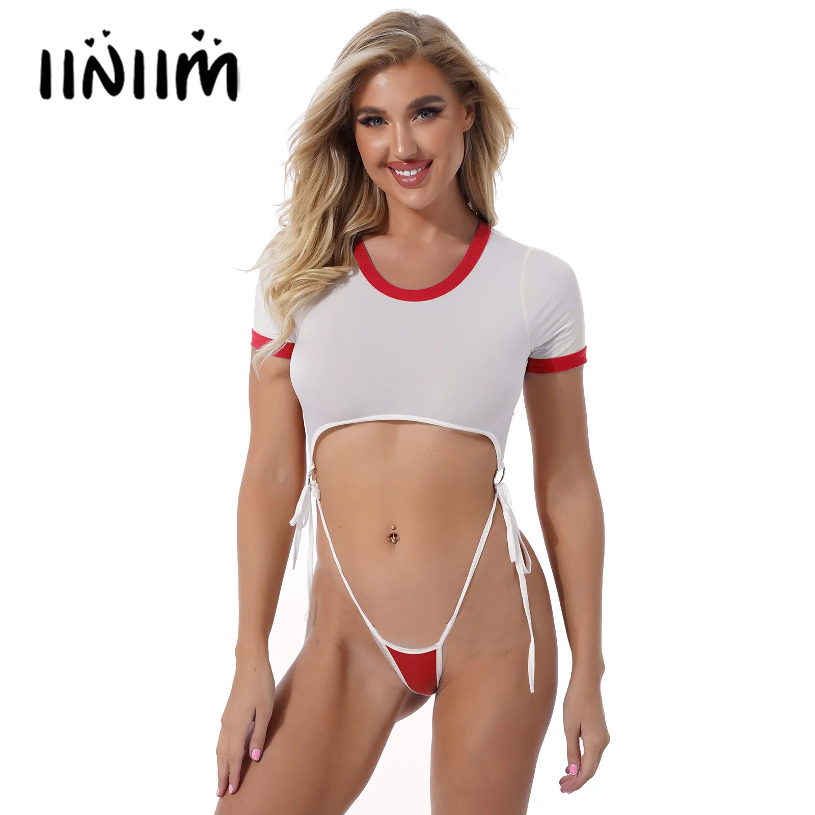 

Womens Lingerie See-through Lace-up Bodysuit Round Neck Short Sleeve O Ring Connected Leotard Ladies Erotic Sexy Roleplay Outfit