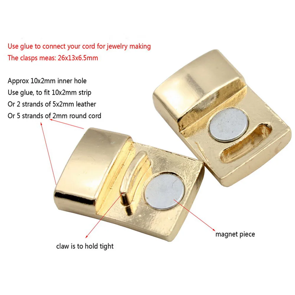 

10mm Flat Magnetic Clasps 10x2mm Hole for Flat Leather Glue 3 Piece Gold Tone