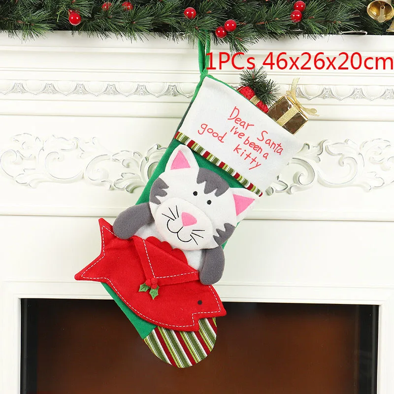 1PCs 46x26x20cm Рождественские чулки, носки, кошка, собака, лось, Navidad, год, мешок для конфет Рождество, украшения, рождественские елки, вечерние подарочные сумки для детей - Цвет: 1PCs 46x26x20cm