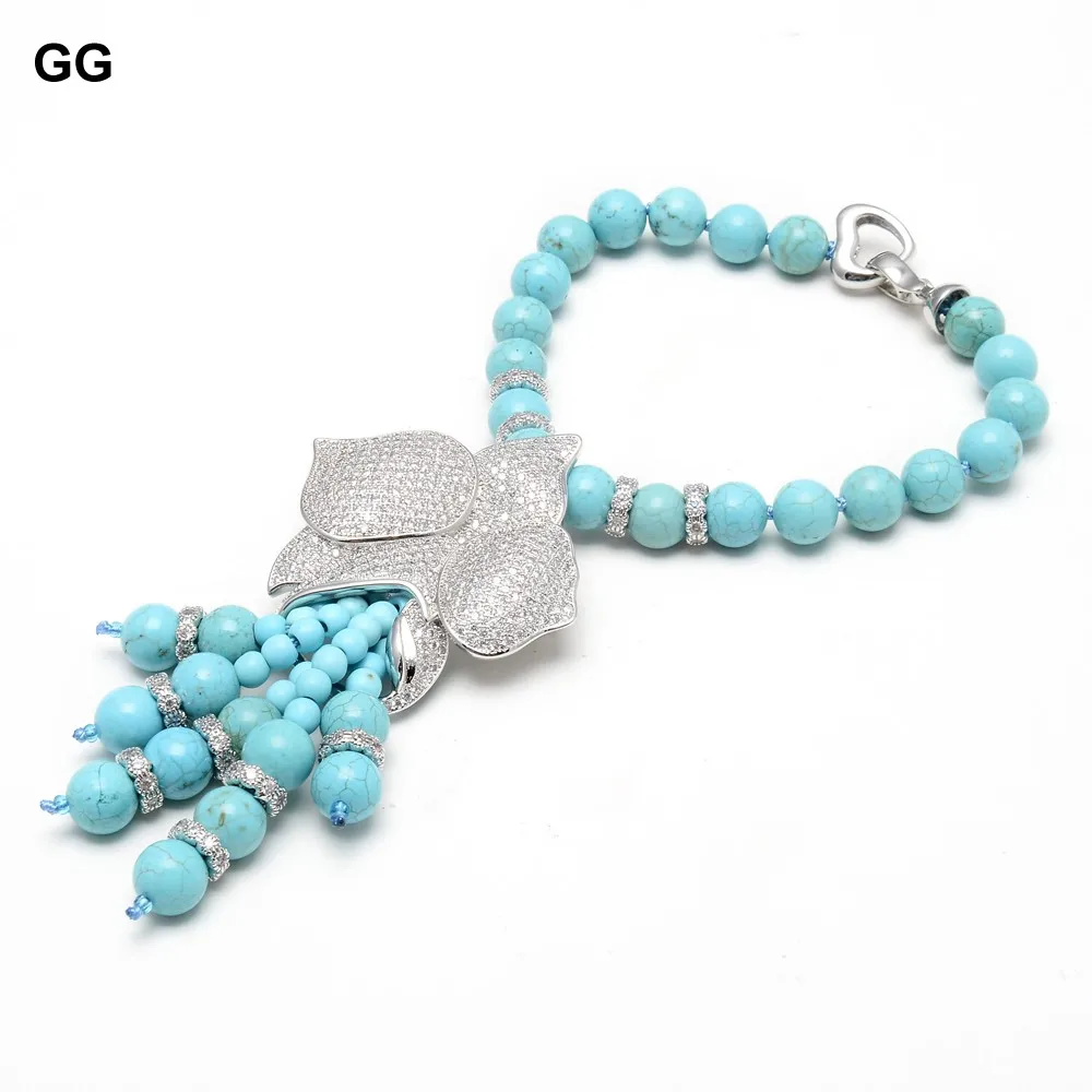 GG Jewelry 25 &quotСиний Бирюзовый камень кубический цирконий паве цветок кисточка кулон