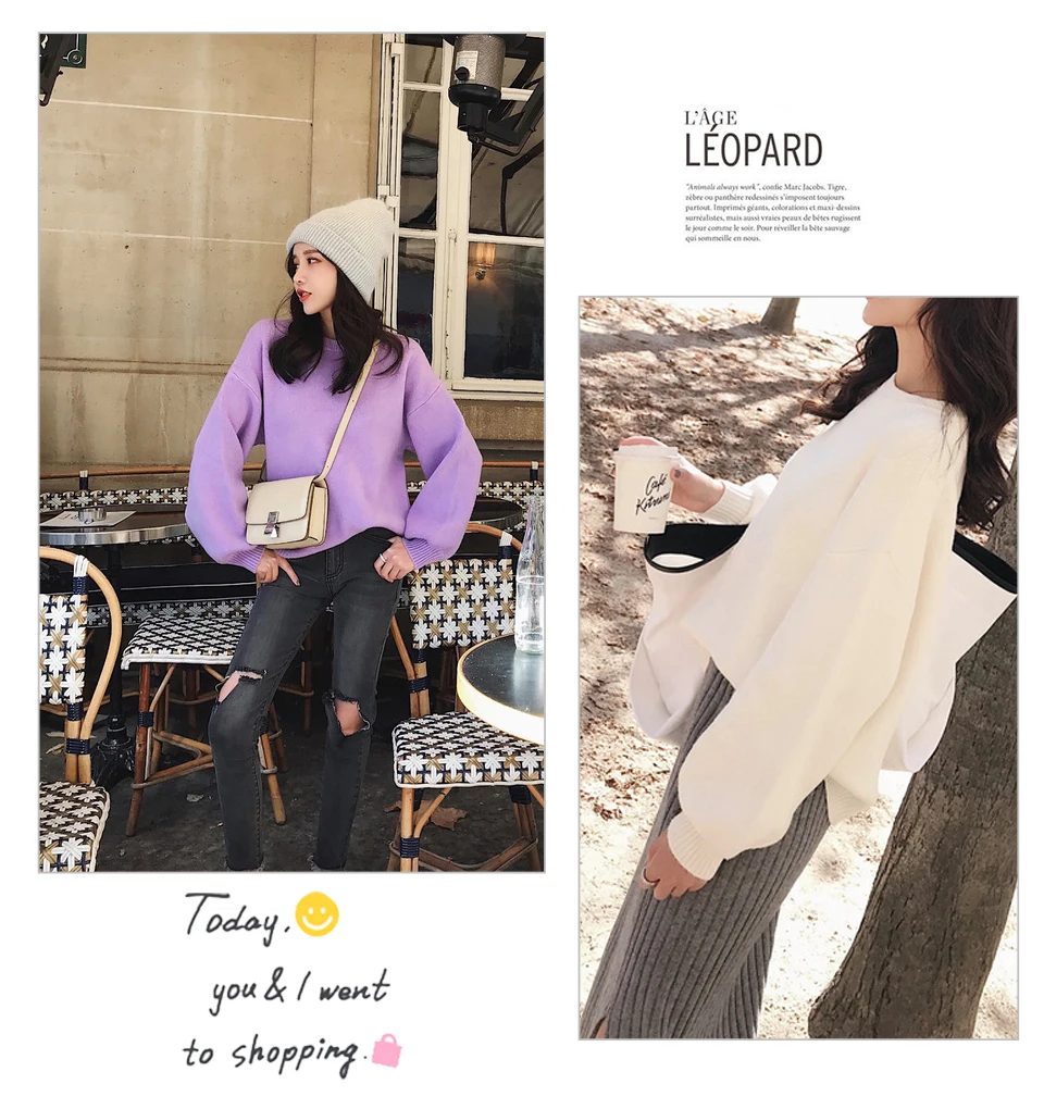 Manoswe модный тренд Дамский круглый вырез фиолетовый Фонарь рукава кашемировый свитер женский осенний зимний Повседневный теплый джемпер Корея