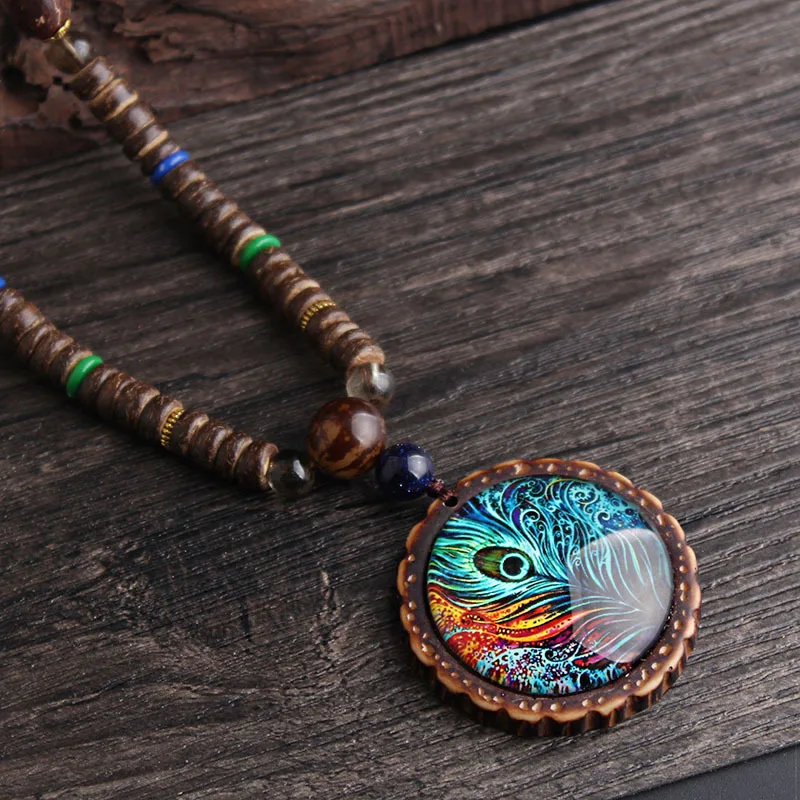 Retro Peacock Feather Ethnic Necklace Nepal Handmade Wood Beads Long Sweater Chain Jewelry | Украшения и аксессуары