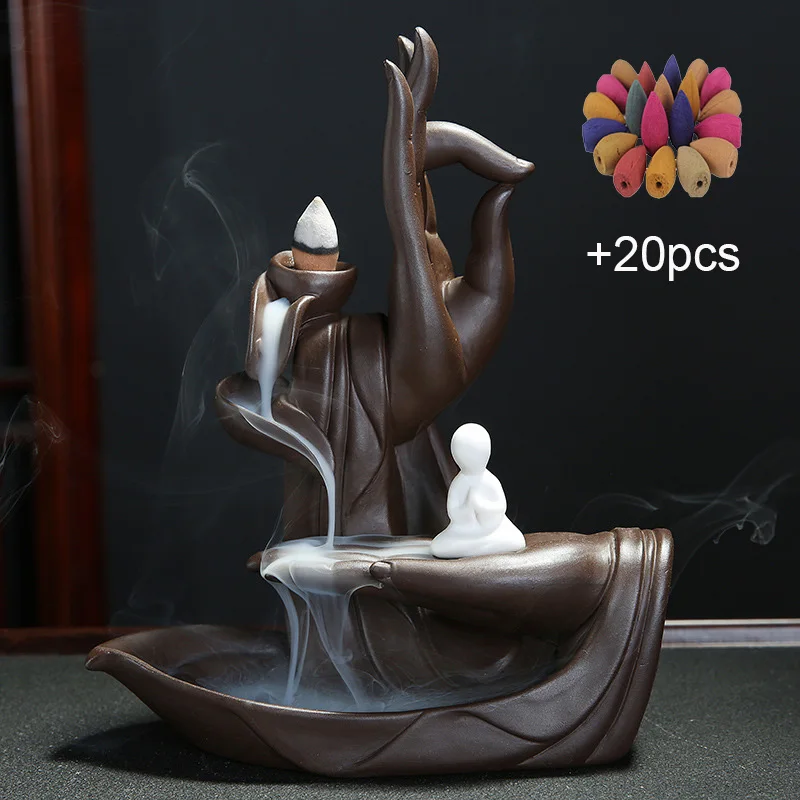 2 with 20cones Керамическая горелка для благовоний с обратным потоком, держатель для рук монаха Будды, большая башня, курильница, конусы для благовоний, дым, дропшиппинг - Цвет: 2 with 20cones