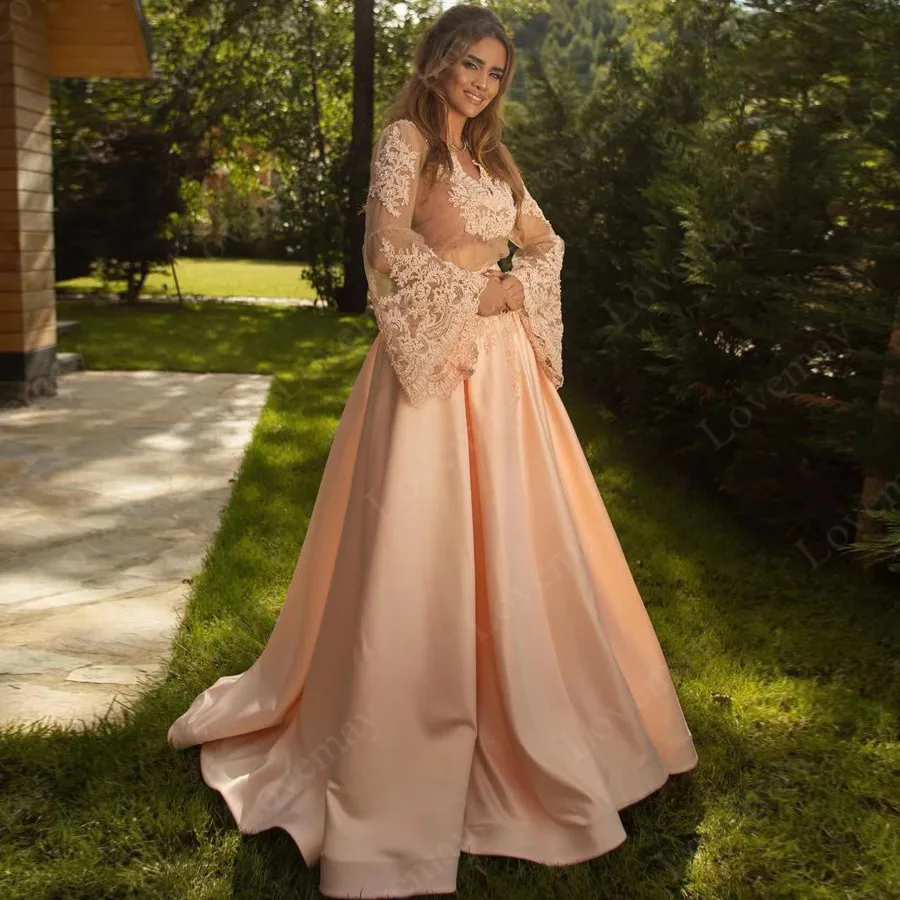 

Robe De Soiree Атлас мусульманское вечернее платье A до силуэт вышитые бисером Длинные рукава турецкий с кружевной аппликацией; Женская обувь для ...