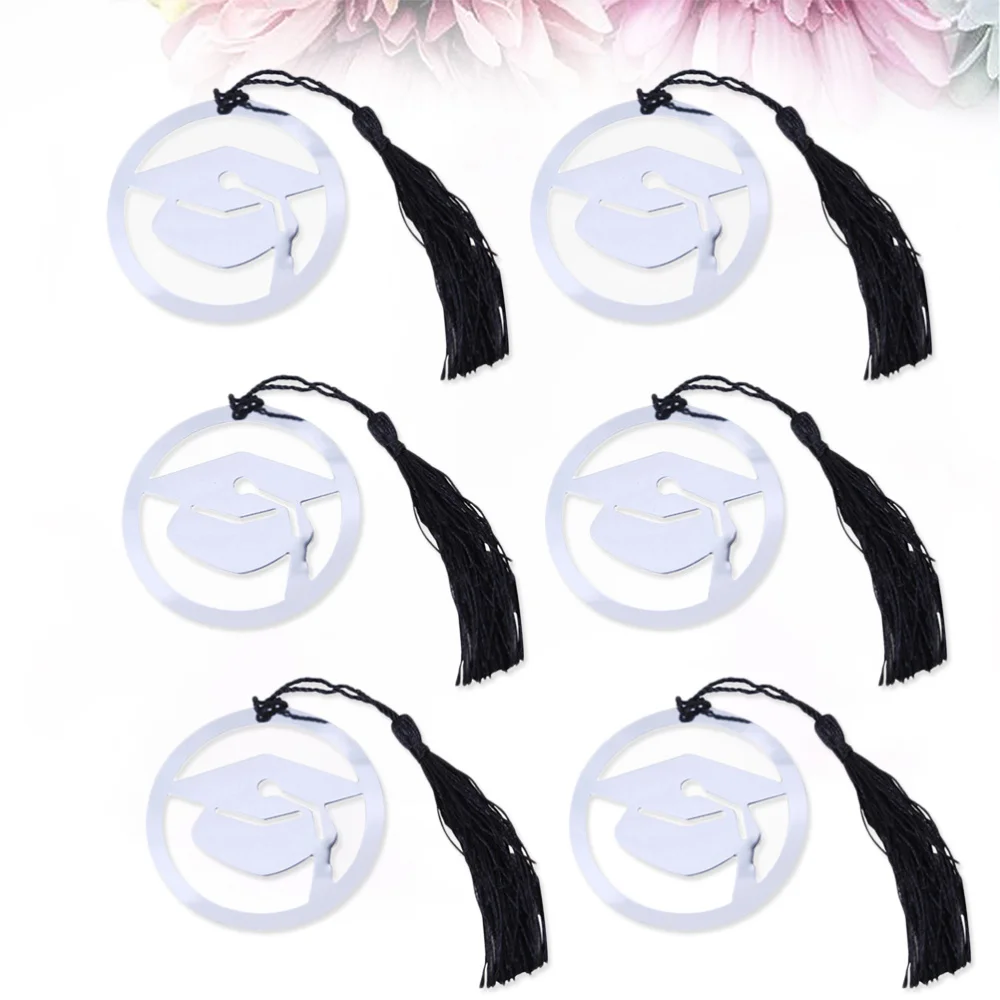 

6Pcs Stainless Steel Page Marker Doctoral Cap Shaped with Black Tassel Graduation Gifts (Silver)