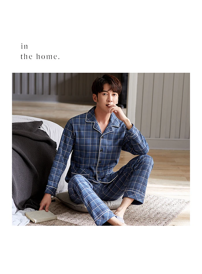 Men Pyjama Set 100% Cotton Spring Long Sleeve Print Men Pajama Suit Autumn Nightwear Collar Pijama Male Sleepwear Two Piece XXXL mens short pjs